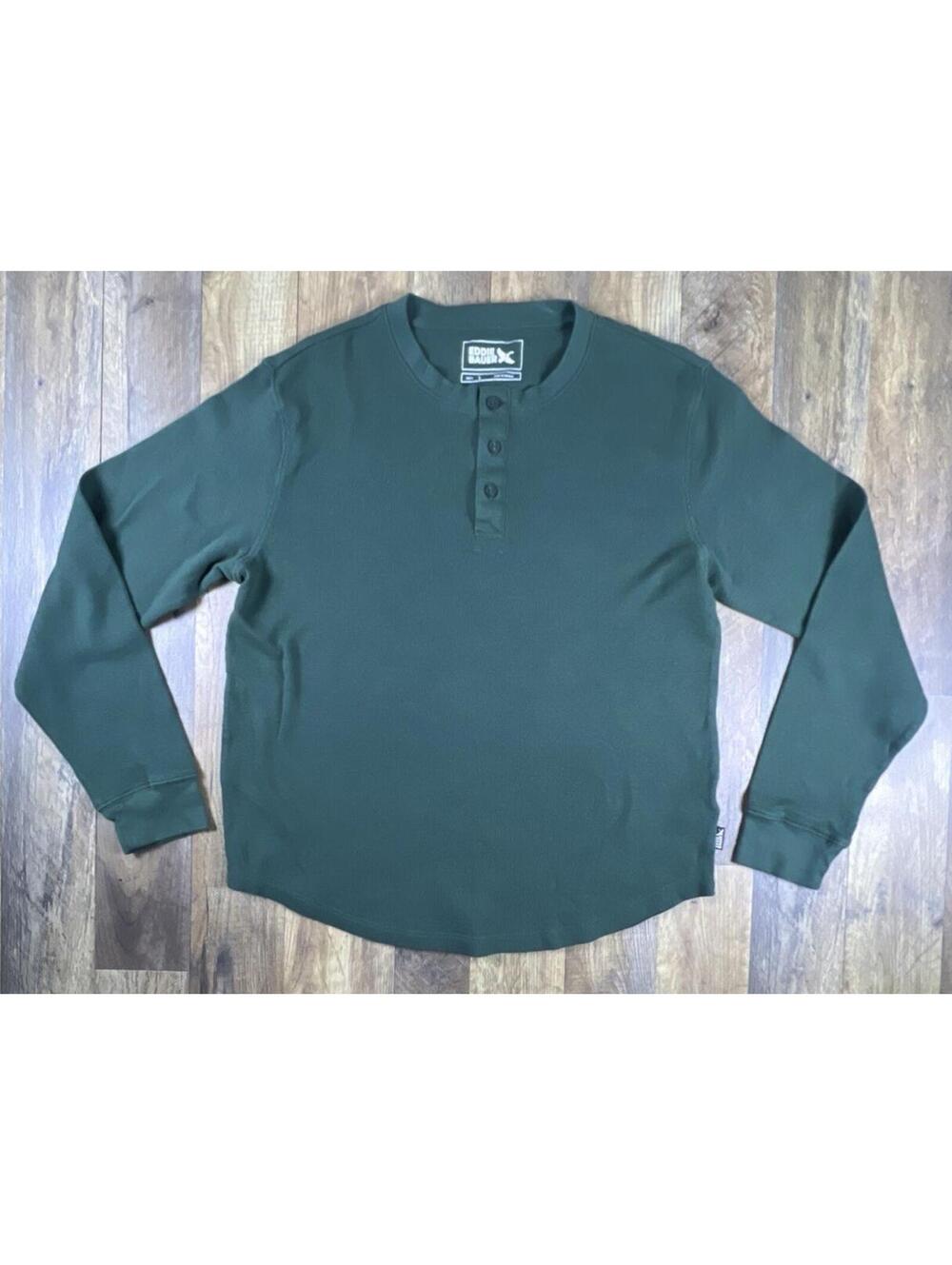 Eddie Bauer Men’s Large Green Long Sleeve Henley Thermal Shirt Waffle Knit Soft